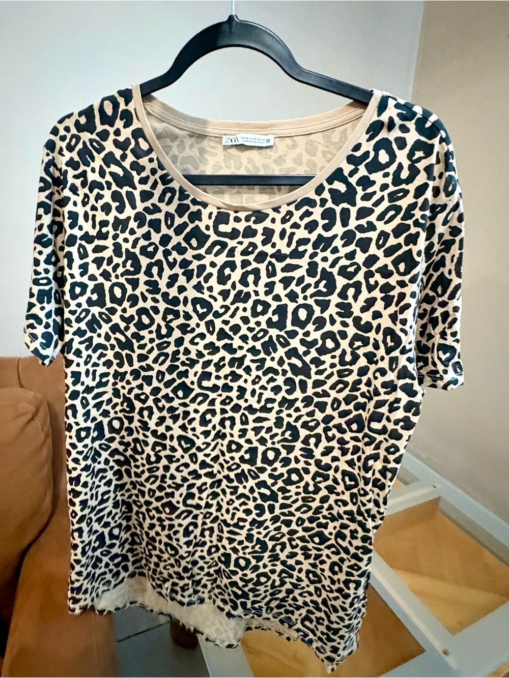 Zara Beige and Black Leopard Print Short Sleeve Tee